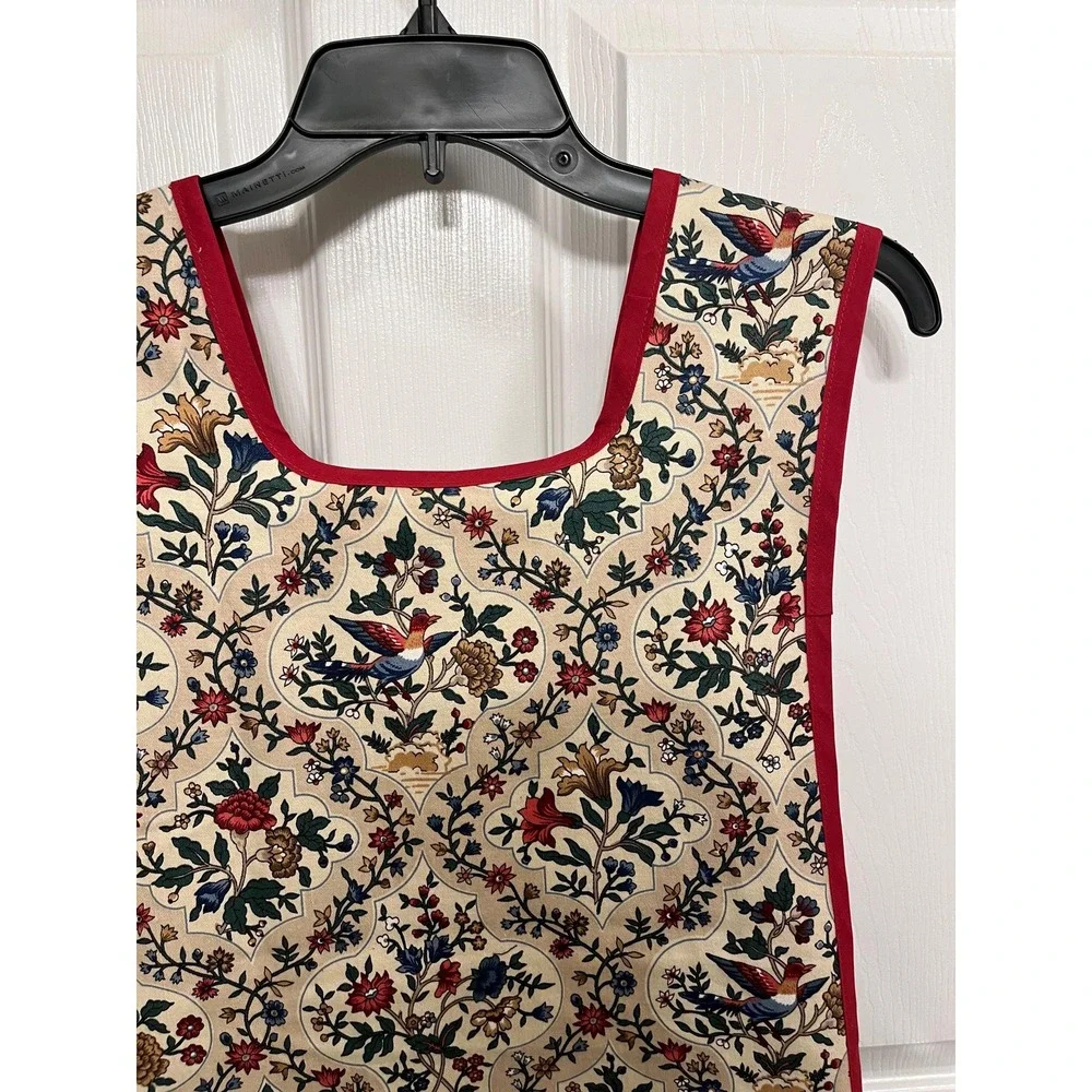 Red Blue Floral Bird Side Tie Apron, Handcrafted Kitchen Linen